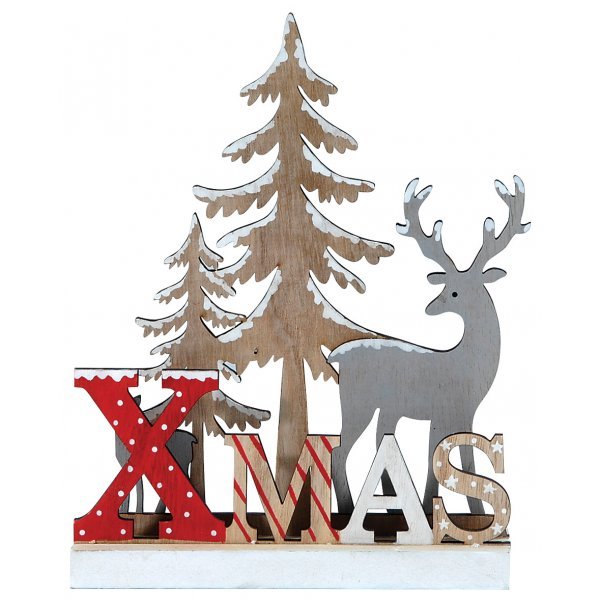 Χριστουγεννιάτικο Διακοσμητικό Ξύλινο "XMAS", με Δεντράκια και Τάρανδο (24cm)